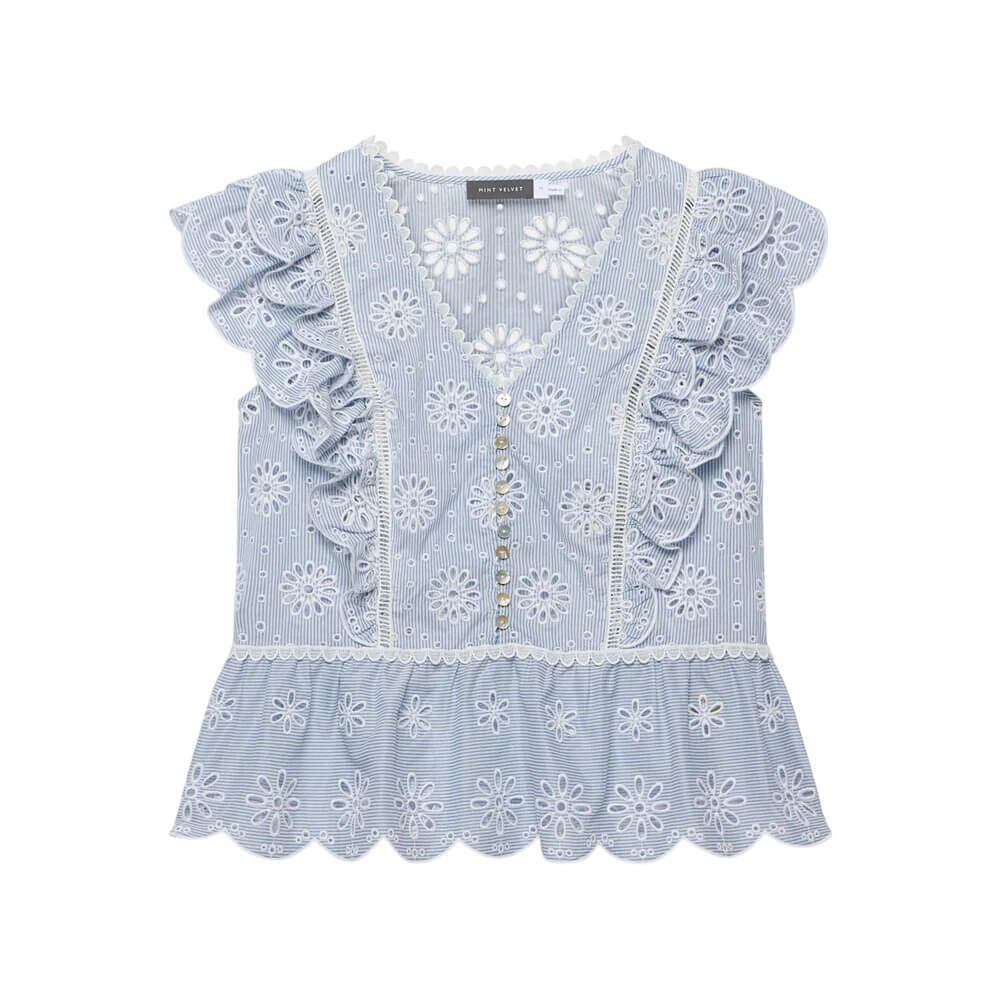 Mint Velvet Blue Cotton Broderie Striped Top